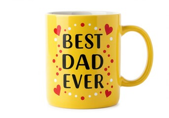 A yellow mug with best dad ever text and hearts isolated on white background