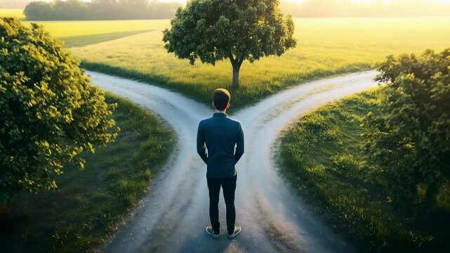 A person stands at a fork in a dirt road surrounded by trees, contemplating their choices as the sun sets