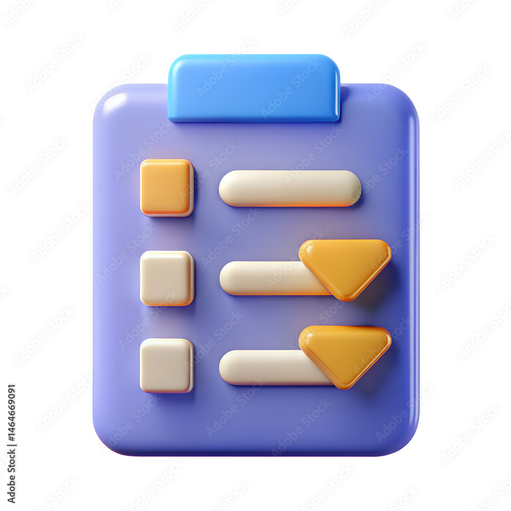 Poster 3d rendered checklist icon with buttons and arrows representing progress on white background perfect