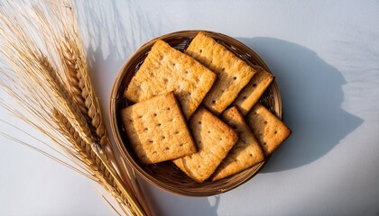 close up top view of traditional golden wheat crackers or biscuits arranged in a flat lay on a clean white background the crackers have a crunchy texture and are accompanied by wheat stems