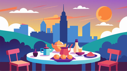 Obraz premium A mezze table set up on a colorful outdoor terrace with the sun setting behind a bustling city skyline in the background.. Vector illustration