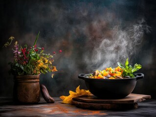 Traditional tom yum goong with lemongrass and mushrooms, steam and spicy essence captured