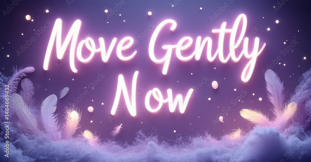 Poster neon sign displays move gently now over fluffy purple clouds. stars sparkle around cursive lettering