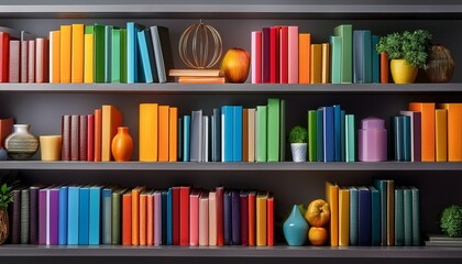 Fototapeta premium organized bookshelf with colorful books