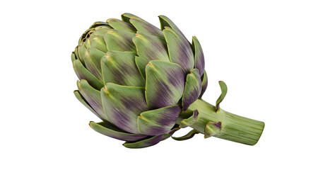 A single artichoke with green and purple leaves is lying on a plain black background in a studio shot isolated on white background, tarensparent background, png, jpg,jpeg,  on transparent background