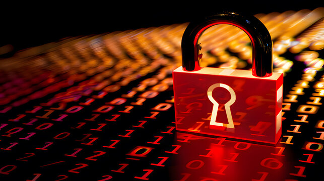 Glowing red padlock on dark digital interface symbolizing cryptocurrency security breach, blockchain technology concept for cyber security and data protection.
