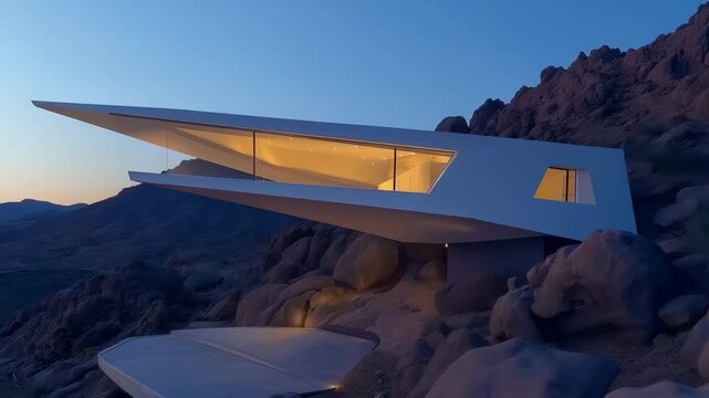 A futuristic structure stands prominently on a rocky outcrop as dusk settles, blending nature with innovative design