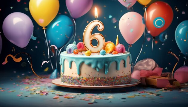 birthday celebration with a decorated cake balloons confetti and number six candle sixth anniversary concept