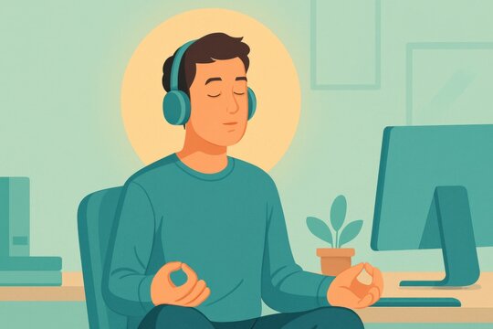 Office worker meditating at workplace desk with headphones for mental health