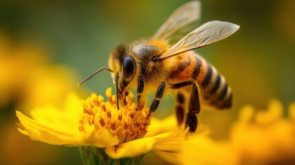 Fototapeta premium Close-Up of a Bee Feeding on a Bright Yellow Flower in a Natural Environment
