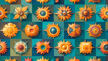 Fun colorful baby toys seamless pattern. Abstract retro style children's art background for kids, fashion design with geometric mosaic shapes.