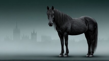 Dark horse against a misty city skyline