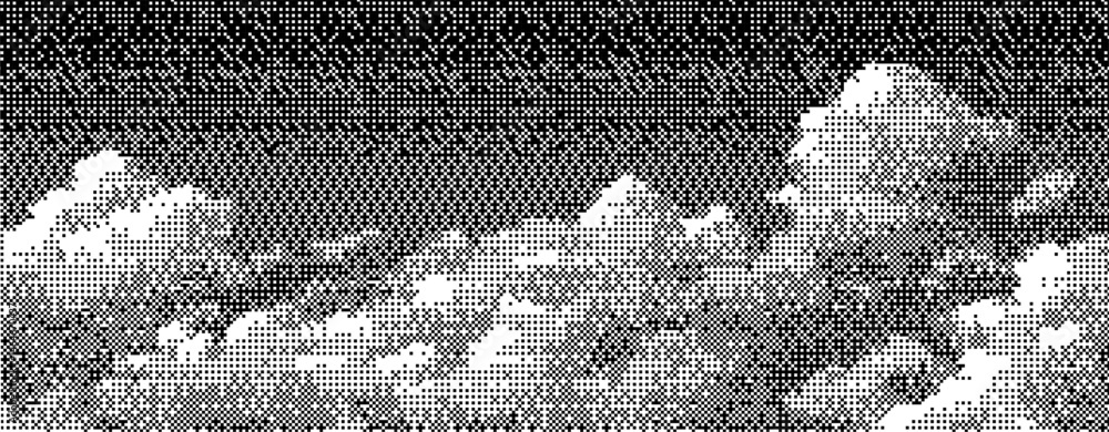 Poster clouds depicted in a retro pixelated style with influences from y2k and dadaism in a digital bitmap 
