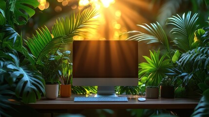 Tropical workspace with computer