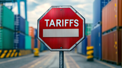 Shipping containers with tariff warning stop sign at a busy port