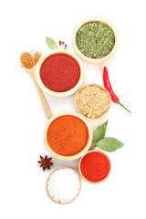 Different aromatic spices isolated on white, top view