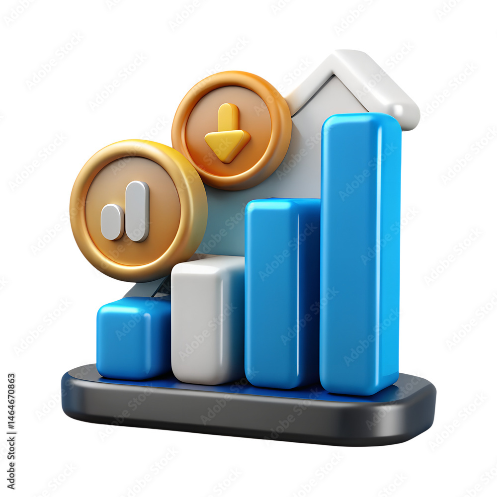 Poster a visually appealing high quality 3d rendering icon depicting financial growth and decline with bar 