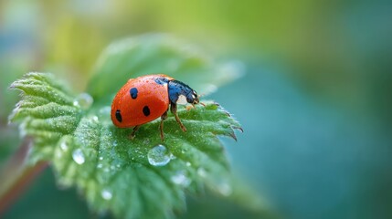 Obraz premium Close-Up of Vibrant Ladybug on Green Leaf with Dewdrops and Soft Background Blur