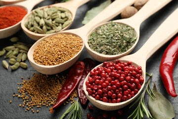 Different aromatic spices in spoons on black table, closeup