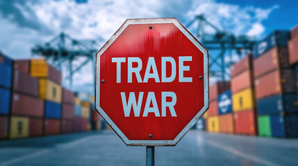 Red 'TRADE WAR' sign at a shipping port with cargo containers