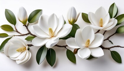 white magnolia flowers branch spring flowers on a white background