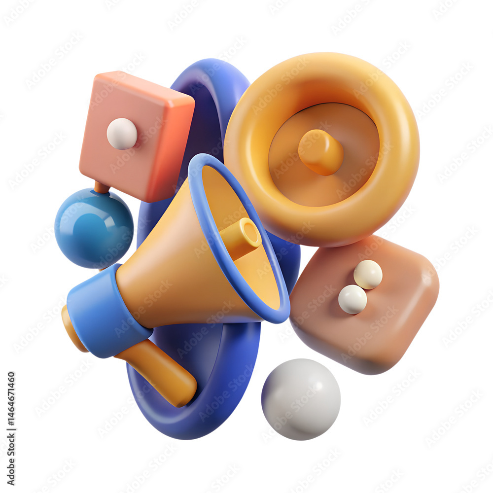 Poster colorful abstract 3d rendering of a megaphone surrounded by geometric shapes high quality 3d renderi
