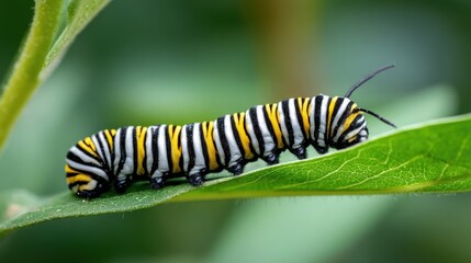 Striking Monarch Caterpillar Displaying Vibrant Stripes on Leaf Against Blurred Green Background