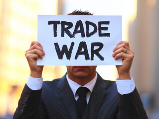 Businessman holding protest sign advocating against trade war policy