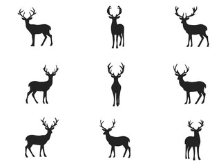 Fototapeta premium Black Silhouettes of Wild Deer – Male, Female, and Roe Deer Illustrations