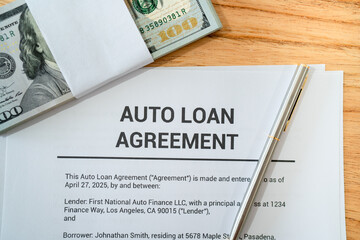 Obraz premium Top view of Auto loan agreement. Concept of asking for money to buy a car.