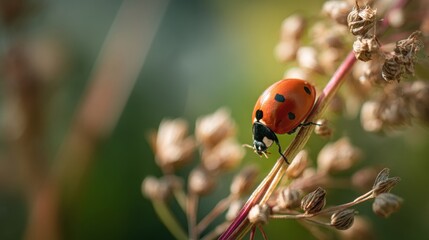 Close-Up of a Red Ladybug Crawling on Dried Flower Stem in Nature's Soft Light