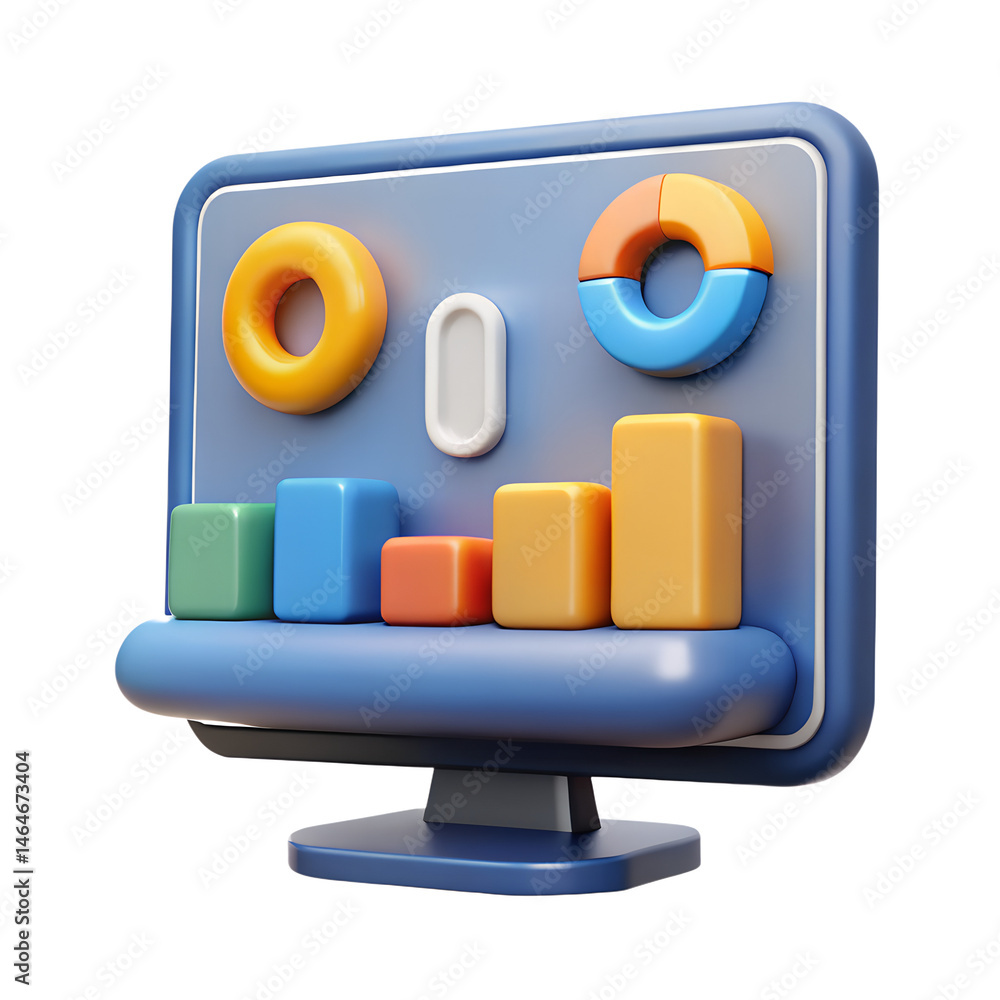 Poster vibrant colorful 3d rendered infographic showing business analytics with doughnuts and bar graphs fo