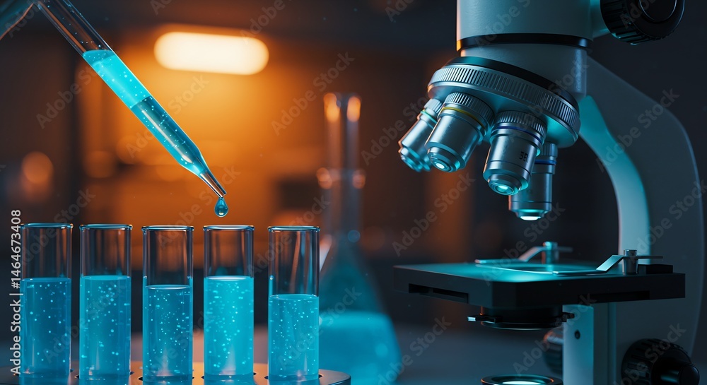Poster close-up of a microscope and test tubes with teal liquid in a modern laboratory setting