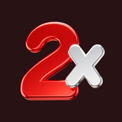2X red isolated on black background. 3D illustration.