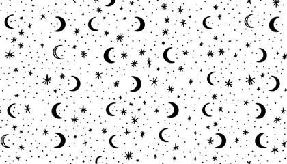 seamless vector pattern with crescent moons and stars in black and white