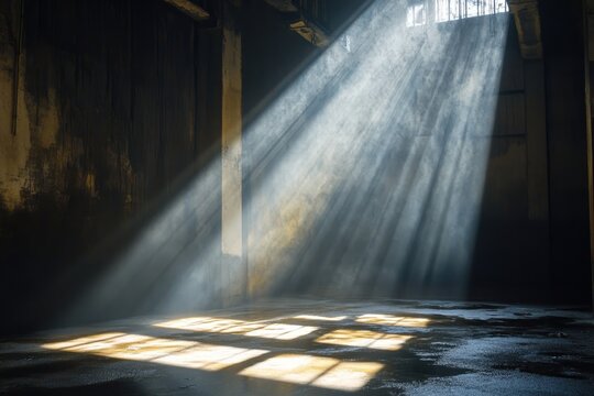 Intense light beams illuminating an old industrial space.