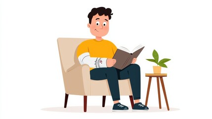 Person Reading a Book in a Cozy Armchair with a Plant in a Bright Home Setting