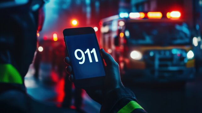 Person holding a phone displaying the emergency number with an ambulance in the background at night