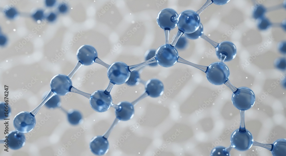 Poster 3d render of a complex molecular structure, abstract science background with blue atoms and bonds