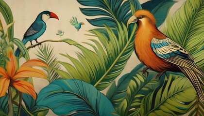 illustration of tropical wallpaper print design with palm banana leaves and birds on canvas texture tropical plants and birds on texturednbackground ai generated illustration