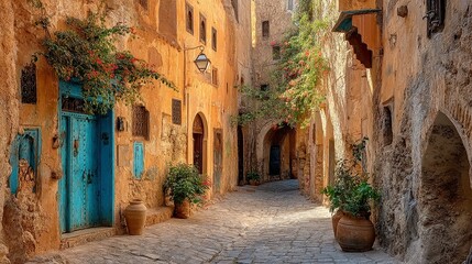 Fototapeta premium Fez Medina cobblestone alley, warm-toned sandstone stones shaped by centuries of foot traffic, inviting passage through a historic labyrinth of culture and tradition
