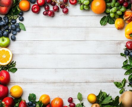 Colorful fresh fruits and vegetables arranged in a border on a white wooden surface (1)