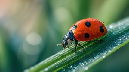 Obraz premium Close-up of Ladybug on Green Leaf with Dew Drops in a Natural Environment