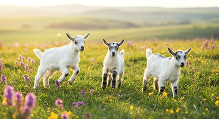 Three playful goats in a grassy meadow