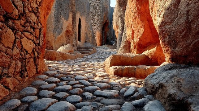 Fez Medina cobblestone alley, warm-toned sandstone stones, centuries of wear, inviting atmosphere, rich history, vibrant local culture, timeless charm, bustling marketplace