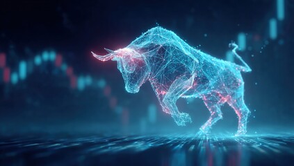 Digital Abstract Artwork of a Bull Silhouette with Neon Lights Representing Strength and Financial Growth in a Futuristic Style