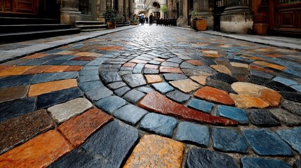 Cobblestone Pavement Texture, intricate circular patterns, evokes European old town charm, perfect for architectural designs, background art, or historical themes.