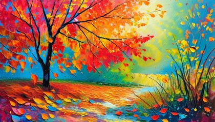 Vibrant Autumn Tree Painting Colorful Fall Landscape Artwork