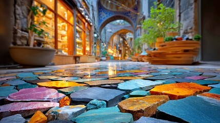 Istanbul Grand Bazaar Walkway, historic Ottoman-era cobblestones, a blend of limestone and marble chips, inviting atmosphere, rich cultural heritage, bustling marketplace ambiance