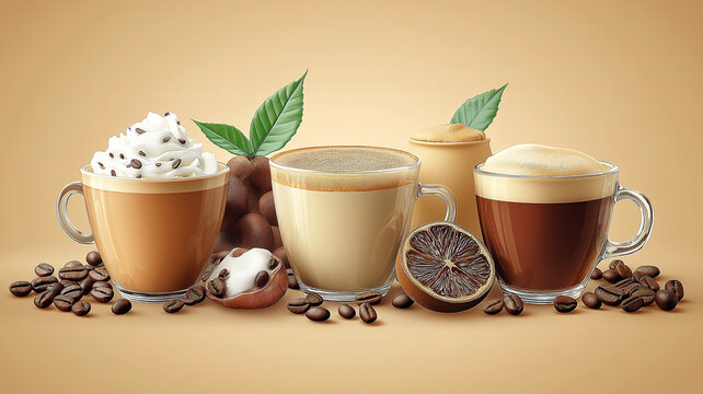 A collection of different coffee styles served in cups highlighting warmth richness and diversity